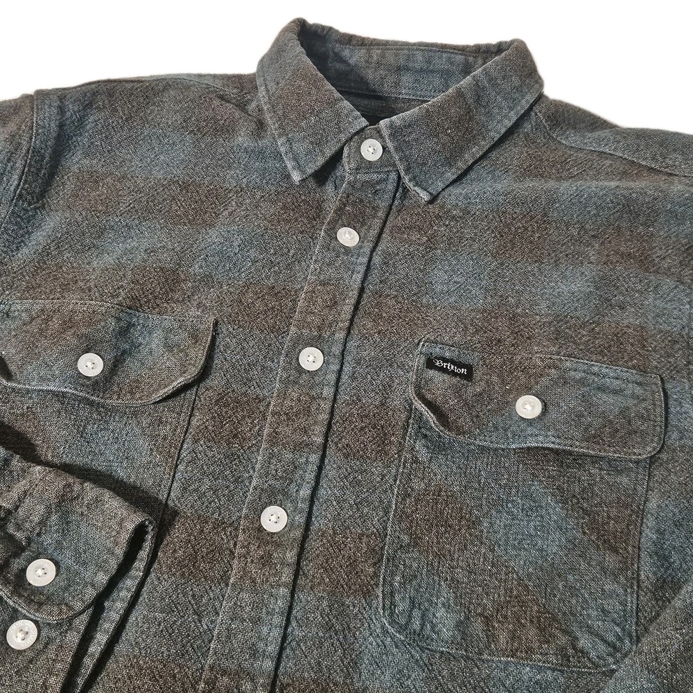 Brixton Bowery Shirt Mens Medium Green Brown Plaid‎ Flannel Button Up Casual